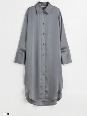 Womens Grey Green Sage Satin Long Shirt Dress